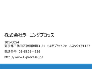 株式会社ラーニングプロセス
101-0054
東京都千代田区神田錦町3-21 ちよだプラットフォームスクウェア1137
電話番号 03-5826-4336
http://www.L-process.jp/
 