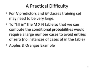 A Practical Difficulty
• For N predictors and M classes training set
may need to be very large.
• To “fill in” the M X N table so that we can
compute the conditional probabilities would
require a large number cases to avoid entries
of zero (no instances of cases of in the table)
• Apples & Oranges Example
10
 