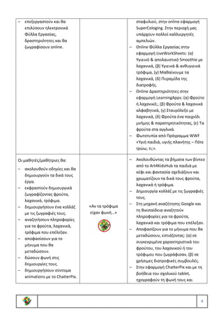 4
– επεξεργαστούν και θα
επιλύσουν ηλεκτρονικά
Φύλλα Εργασίας,
δραστηριότητες και θα
ζωγραφίσουν online.
σταφυλιού, στην online εφαρμογή
SuperCologing. Στην περιοχή μας
υπάρχουν πολλοί καλλιεργητές
αμπελιών.
– Online Φύλλα Εργασίας στην
εφαρμογή LiveWorkSheets: (α)
Υγιεινό & απολαυστικό Smoothie με
λαχανικά, (β) Υγιεινά & ανθυγιεινά
τρόφιμα, (γ) Μαθαίνουμε τα
λαχανικά, (δ) Πυραμίδα της
διατροφής.
– Online Δραστηριότητες στην
εφαρμογή LearningApps: (α) Φρούτο
ή λαχανικό;, (β) Φρούτα & λαχανικά
αλφαβητικά, (γ) Σταυρόλεξο με
λαχανικά, (δ) Φρούτα ένα παιχνίδι
μνήμης & παρατηρητικότητας, (ε) Τα
φρούτα στα αγγλικά.
– Φωτοτυπία από Πρόγραμμα WWF
«Υγιή παιδιά, υγιής πλανήτης – Πότε
τρώω, τι;».
Οι μαθητές/μαθήτριες θα:
– ακολουθούν οδηγίες και θα
δημιουργούν τα δικά τους
έργα.
– εκφραστούν δημιουργικά
ζωγραφίζοντας φρούτα,
λαχανικά, τρόφιμα.
– δημιουργήσουν ένα κολλάζ
με τις ζωγραφιές τους.
– αναζητήσουν πληροφορίες
για τα φρούτα, λαχανικά,
τρόφιμα που επέλεξαν.
– αποφασίσουν για το
μήνυμα που θα
μεταδώσουν.
– δώσουν φωνή στις
δημιουργίες τους.
– δημιουργήσουν σύντομα
animations με το ChatterPix.
«Αν τα τρόφιμα
είχαν φωνή…»
– Ακολουθώντας τα βήματα των βίντεο
από το Art4KidsHub τα παιδιά με
κέφι και φαντασία σχεδιάζουν και
χρωματίζουν τα δικά τους φρούτα,
λαχανικά ή τρόφιμα.
– Δημιουργία κολλάζ με τις ζωγραφιές
τους.
– Στη μηχανή αναζήτησης Google και
τη Βικιπαίδεια αναζητούν
πληροφορίες για τα φρούτα,
λαχανικά και τρόφιμα που επέλεξαν.
– Αποφασίζουν για το μήνυμα που θα
μεταδώσουν, εστιάζοντας: (α) σε
συγκεκριμένα χαρακτηριστικά του
φρούτου, του λαχανικού ή του
τρόφιμου που ζωγράφισαν, (β) σε
χρήσιμες διατροφικές συμβουλές.
– Στην εφαρμογή ChatterPix και με τη
βοήθεια του σχολικού tablet,
ηχογραφούν τη φωνή τους και
6
 