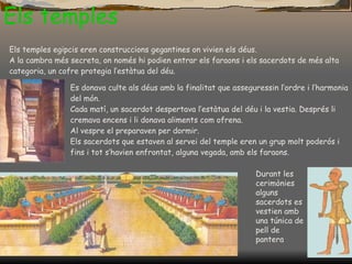 Els temples Durant les cerimònies alguns sacerdots es vestien amb una túnica de pell de pantera Els temples egipcis eren construccions gegantines on vivien els déus. A la cambra més secreta, on només hi podien entrar els faraons i els sacerdots de més  alta  categoria, un cofre protegia l’estàtua del déu. Es donava culte als déus amb la finalitat que asseguressin l’ordre i l’harmonia del món. Cada matí, un sacerdot despertava l’estàtua del déu i la vestia. Després li cremava encens i li donava aliments com ofrena. Al vespre el preparaven per dormir. Els sacerdots que estaven al servei del temple eren un grup molt poderós i fins i tot s’havien enfrontat, alguna vegada, amb els faraons. 