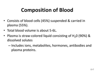 Composition of Blood
• Consists of blood cells (45%) suspended & carried in
plasma (55%).
• Total blood volume is about 5-6L.
• Plasma is straw-colored liquid consisting of H20 (90%) &
dissolved solutes
– Includes ions, metabolites, hormones, antibodies and
plasma proteins.
13-7
 