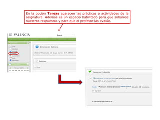 En la opción Tareas aparecen las prácticas o actividades de la
asignatura. Además es un espacio habilitado para que subamos
nuestras respuestas y para que el profesor las evalúe.

 