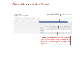 Otras utilidades de Aula Virtual…

Gente nos permite ver en tiempo
real cuanta gente hay conectada y
mandar un mensaje o chatear en
directo

 