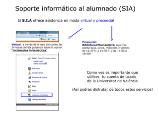 Soporte informático al alumnado (SIA)
El S.I.A ofrece asistencia en modo virtual y presencial

Virtual: a través de la web del correo las
24 horas del día pulsando sobre la opción
“incidencias informáticas”

Presencial
Bibliotecad’Humanitats: sala tres,
planta baja, lunes, miércoles y viernes
de 12:30 h. a 14:30 h. y de 16:00 a
18:00h

Como ves es importante que
utilices tu cuenta de usario
de la Universitat de València
¡Así podrás disfrutar de todos estos servicios!

 
