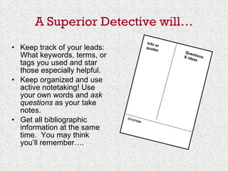 A Superior Detective will… Keep track of your leads: What keywords, terms, or tags you used and star those especially helpful. Keep organized and use active notetaking! Use your own words and  ask questions  as your take notes. Get all bibliographic information at the same time.  You may think you’ll remember…. Info or quotes Questions & ideas CITATION 