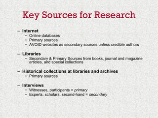 Key Sources for Research Internet Online databases Primary sources AVOID websites as secondary sources unless credible authors Libraries Secondary & Primary Sources from books, journal and magazine articles, and special collections Historical collections at libraries and archives Primary sources Interviews  Witnesses, participants =  primary  Experts, scholars, second-hand =  secondary 