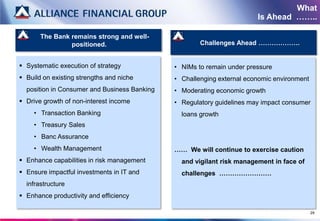 What
                                                                        Is Ahead ……..

       The Bank remains strong and well-
                positioned.                           Challenges Ahead ……………….


 Systematic execution of strategy            • NIMs to remain under pressure
 Build on existing strengths and niche       • Challenging external economic environment
  position in Consumer and Business Banking   • Moderating economic growth
 Drive growth of non-interest income         • Regulatory guidelines may impact consumer
     • Transaction Banking                      loans growth
     • Treasury Sales
     • Banc Assurance
     • Wealth Management                      …… We will continue to exercise caution
 Enhance capabilities in risk management       and vigilant risk management in face of
 Ensure impactful investments in IT and        challenges ……………………
  infrastructure
 Enhance productivity and efficiency

                                                                                            29
 