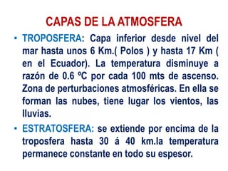 CAPAS DE LA ATMOSFERA
• TROPOSFERA: Capa inferior desde nivel del
mar hasta unos 6 Km.( Polos ) y hasta 17 Km (
en el Ecuador). La temperatura disminuye a
razón de 0.6 ºC por cada 100 mts de ascenso.
Zona de perturbaciones atmosféricas. En ella se
forman las nubes, tiene lugar los vientos, las
lluvias.
• ESTRATOSFERA: se extiende por encima de la
troposfera hasta 30 á 40 km.la temperatura
permanece constante en todo su espesor.
 