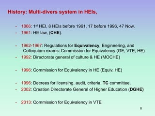 History: Multi-divers system in HEIs,
- 1866: 1st HEI, 8 HEIs before 1961, 17 before 1996, 47 Now.
- 1961: HE law, (CHE).
...