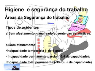 Higiene e segurança do trabalho
Rosana Pedrosa
Áreas da Segurança do trabalho
Tipos de acidentes
a)Sem afastamento – analisado/ausente das estatísticas.
b)Com afastamento
•Incapacidade temporária (- de 1 ano);
• Incapacidade permanente parcial (-3/4 da capacidade);
•Incapacidade total permanente (-3/4 ou + da capacidade)
 