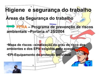 Higiene e segurança do trabalho
Rosana Pedrosa
Áreas da Segurança do trabalho
PPRA – Programa de prevenção de riscos
ambientais –Portaria nº 25/2004
•Mapa de riscos –sinalização do grau de risco dos
ambientes e dos EPIs exigidos para acesso.
•EPI-Equipamento de proteção individual
 