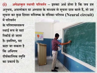 (i) अपेक्षाकृ र् स्थायी पररवर्तन – इसका अथत होर्ा है कक जब हम
अनुभव, अवलोकन या अभ्यास के माध्यम से सूचना प्राप्त करर्े हैं, र्ो उस
सूचना का कु छ कहस्सा मकस्र्ष्क के र्ंकिका पररपथ (Neural circuit)
में पररवर्तन
के पररणामस्वरूप
स्थाई रूप से वहां
ररकॉर्त हो जार्ा
है। इसकलए, यह
कहा जा सकर्ा है
कक अकिगम
दीघतकाकलक स्मृकर्
का प्रकायत है।
 