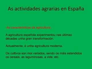 As actividades agrarias en España
-As características da agricultura:
A agricultura española experimentou nas últimas
décadas unha gran transformación.
Actualmente, é unha agricultura moderna.
Os cultivos son moi variados, sendo os máis estendidos
os cereais, as leguminosas, a vide, etc.
 