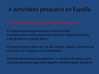A actividade pesqueira en España
-Características da actividade pesqueira:
A frota pesqueira experimentou unha profunda
transformación.Inclúe unha frota artesanal tradicional e unha
frota de altura e grande altura.
As especies capturadas son, na súa maioría, peixes, outras son os
moluscos, os crustáceos e os cefalópodos.
O destino da produción pesqueira é, o consumo humano, parte
da pesca desembarcada sofre algunha transformación industrial.
 
