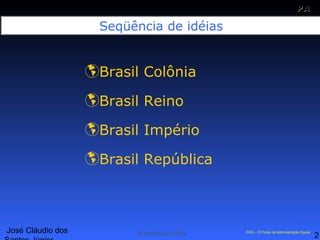 José Cláudio dos
2
PAPA
SS
Administração Pública PAS – O Portal da Administração Social
Seqüência de idéias
Brasil Colônia
Brasil Reino
Brasil Império
Brasil República
 