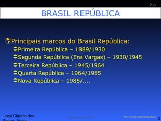 José Cláudio dos
21
PAPA
SS
Administração Pública PAS – O Portal da Administração Social
BRASIL REPÚBLICA
Principais marcos do Brasil República:
Primeira República – 1889/1930
Segunda República (Era Vargas) – 1930/1945
Terceira República – 1945/1964
Quarta República – 1964/1985
Nova República – 1985/....
 