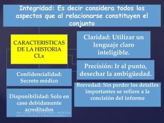 Integridad: Es decir considera todos los
  aspectos que al relacionarse constituyen el
                   conjunto

                            Claridad: Utilizar un
 CARACTERISTICAS               lenguaje claro
  DE LA HISTORIA
       CLx
                                 inteligible.

                            Precisión: Ir al punto,
  Confidencialidad:        desechar la ambigüedad.
   Secreto médico
                          Brevedad: Sin perder los detalles
                             importantes se refiere a la
Disponibilidad: Solo en        concisión del informe
  caso debidamente
     acreditados
 