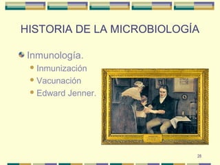 28
HISTORIA DE LA MICROBIOLOGÍA
Inmunología.
Inmunización
Vacunación
Edward Jenner.
 