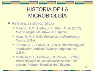 31
HISTORIA DE LA
MICROBIOLGÍA
Referencias Bibliográficas.
 Prescott, L.M., Harley,J. P., Klein, D. A. (2002).
Microbiología. McGraw-Hill. España.
 Atlas, R. M. (1995). Principles of Microbiology.
Mosby. U.S.A.
 Tortora, G. J., Funke, B. (2007). Microbiology:An
Introduction. Addison Wesley Longman Inc.
U.S.A.
 Madigan,M.T., Martinko,J.M. Parker, J. (2006).
Brock Biología de los Microorganismos. 10ª
edición. Pearson Prentice Hall. España.
 