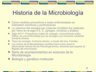 33
Historia de la Microbiología
Como medidas preventivas a estas enfermedades se
realizaban sacrificios y purificaciones
La creencia del contagio por criaturas invisibles fue realizado
por Varro en el siglo II A. C. (griegos, romanos y árabes)
Siglo XVI F. Fracastorius habla de contagio, (conocimiento sobre
Sífilis), es una enfermedad que se contagia y se transmite mediante
contacto directo:
Tipos de contagio: Contacto directo, a través del aire, Fomites
Los inicios de la Microbiología científica tiene como base la
observación directa de los microorganismos, teniendo que esperar la
llegada del microscopio
Serie de acontecimientos en avances de la
Microbiología
Biología y genética molecular
 