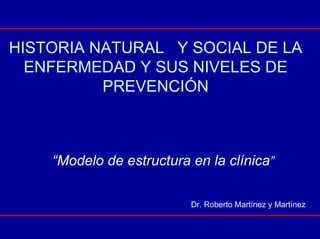 HISTORIA NATURAL Y SOCIAL DE LA
  ENFERMEDAD Y SUS NIVELES DE
          PREVENCIÓN



    “Modelo de estructura en la clínica”

                          Dr. Roberto Martínez y Martínez
 