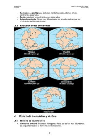 IES ABASTOS TEMA 1: LA HISTORIA DE LA TIERRA
VALENCIA BIO-GEO 4 ESO
- Formaciones geológicas: Sistemas montañosos coincidentes en dos
continentes separados.
- Fósiles idénticos en continentes muy separados.
- Paleoclimatología: Climas muy diferentes de los actuales indican que los
continentes se han desplazado.
.3.2 Evolución de los continentes
4 Historia de la atmósfera y el clima
.4.1 Historia de la atmósfera
 Atmósfera primaria: Mezcla de hidrógeno y helio, por ser los más abundantes.
La pequeña masa de la Tierra no puede retenerlos.
6
 