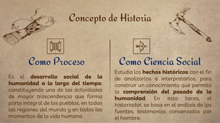 Es el desarrollo social de la
humanidad a lo largo del tiempo,
constituyendo una de las actividades
de mayor trascendencia que forma
parte integral de los pueblos, en todas
las regiones del mundo y en todos los
momentos de la vida humana.
Concepto de Historia
Como Proceso Como Ciencia Social
Estudia los hechos históricos con el fin
de analizarlos e interpretarlos, para
construir un conocimiento que permita
la comprensión del pasado de la
humanidad. En esta tarea, el
historiador, se basa en el análisis de las
fuentes, testimonios conservados por
el hombre.
 