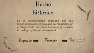 Hecho
histórico
Es la interpretación realizada por los
historiadores acerca de algún evento particular
protagonizada por seres humanos y ocurrido
en un lugar y tiempo determinado.
Espacio Tiempo Sociedad
 