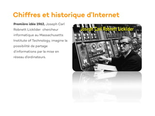 Chiffres et historique d’Internet
Première idée 1962, Joseph Carl
Robnett Licklider chercheur
informatique au Massachusetts
Institute of Technology, imagine la
possibilité de partage
d’informations par la mise en
réseau d’ordinateurs.
 