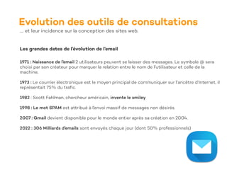 Evolution des outils de consultations
…. et leur incidence sur la conception des sites web.
Les grandes dates de l’évolution de l’email
1971 : Naissance de l’email 2 utilisateurs peuvent se laisser des messages. Le symbole @ sera
choisi par son créateur pour marquer la relation entre le nom de l’utilisateur et celle de la
machine.
1973 : Le courrier électronique est le moyen principal de communiquer sur l’ancêtre d’Internet, il
représentait 75% du tra
fi
c.
1982 : Scott Fahlman, chercheur américain, invente le smiley
1998 : Le mot SPAM est attribué à l’envoi massif de messages non désirés.
2007 : Gmail devient disponible pour le monde entier après sa création en 2004.
2022 : 306 Milliards d’emails sont envoyés chaque jour (dont 50% professionnels)
 