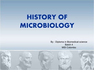 HISTORY OF
MICROBIOLOGY
By : Diploma in Biomedical science
Batch 4
MSI Colombo
 
