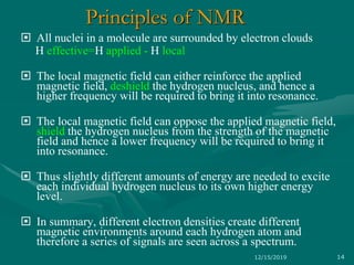 Principles of NMR
 All nuclei in a molecule are surrounded by electron clouds
H effective=H applied - H local
 The local magnetic field can either reinforce the applied
magnetic field, deshield the hydrogen nucleus, and hence a
higher frequency will be required to bring it into resonance.
 The local magnetic field can oppose the applied magnetic field,
shield the hydrogen nucleus from the strength of the magnetic
field and hence a lower frequency will be required to bring it
into resonance.
 Thus slightly different amounts of energy are needed to excite
each individual hydrogen nucleus to its own higher energy
level.
 In summary, different electron densities create different
magnetic environments around each hydrogen atom and
therefore a series of signals are seen across a spectrum.
12/15/2019 14
 
