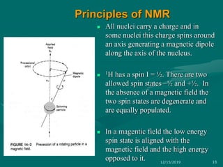  All nuclei carry a charge and in
some nuclei this charge spins around
an axis generating a magnetic dipole
along the axis of the nucleus.
 1H has a spin I = ½. There are two
allowed spin states –½ and +½. In
the absence of a magnetic field the
two spin states are degenerate and
are equally populated.
 In a magentic field the low energy
spin state is aligned with the
magnetic field and the high energy
opposed to it.
Principles of NMR
12/15/2019 16
 