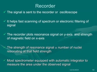 Recorder
 The signal is sent to the recorder or oscilloscope
 It helps fast scanning of spectrum or electronic filtering of
signal
 The recorder plots resonance signal on y-axis and strength
of magnetic field on x-axis
 The strength of resonance signal  number of nuclei
resonating at that field strength
 Most spectrometer equipped with automatic integrator to
measure the area under the observed signal
12/15/2019 42
 