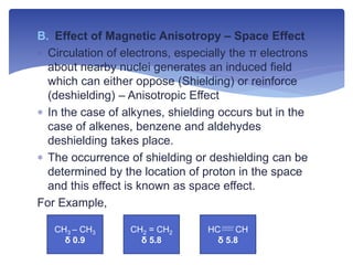 B. Effect of Magnetic Anisotropy – Space Effect
 Circulation of electrons, especially the π electrons
about nearby nuclei generates an induced field
which can either oppose (Shielding) or reinforce
(deshielding) – Anisotropic Effect
 In the case of alkynes, shielding occurs but in the
case of alkenes, benzene and aldehydes
deshielding takes place.
 The occurrence of shielding or deshielding can be
determined by the location of proton in the space
and this effect is known as space effect.
For Example,
CH3 – CH3
δ 0.9
CH2 = CH2
δ 5.8
HC CH
δ 5.8
 