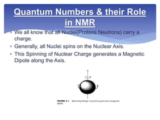  We all know that all Nuclei(Protons Neutrons) carry a
charge.
 Generally, all Nuclei spins on the Nuclear Axis.
 This Spinning of Nuclear Charge generates a Magnetic
Dipole along the Axis.
Quantum Numbers & their Role
in NMR
 