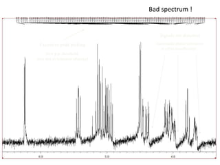 9/3/2021
Bad spectrum !
Signals are distorted
(automatic phase correction
is often insufficient)
Excessive peak picking
(low p.p. threshold,
also due to improper phasing)
 