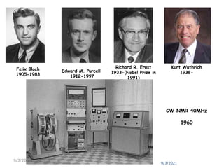 Felix Bloch
1905-1983
Edward M. Purcell
1912-1997
Kurt Wuthrich
1938-
Richard R. Ernst
1933-(Nobel Prize in
1991)
CW NMR 40MHz
1960
9/3/2021
9/3/2021
 