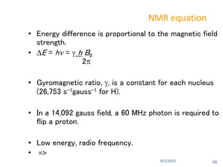 9/3/2021
NMR equation
• Energy difference is proportional to the magnetic field
strength.
• E = h =  h B0
2
• Gyromagnetic ratio, , is a constant for each nucleus
(26,753 s-1gauss-1 for H).
• In a 14,092 gauss field, a 60 MHz photon is required to
flip a proton.
• Low energy, radio frequency.
• =>
20
 