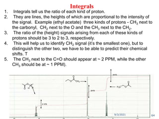Integrals
1. Integrals tell us the ratio of each kind of proton.
2. They are lines, the heights of which are proportional to the intensity of
the signal. Example (ethyl acetate) three kinds of protons - CH3 next to
the carbonyl, CH2 next to the O and the CH3 next to the CH2.
3. The ratio of the (height) signals arising from each of these kinds of
protons should be 3 to 2 to 3, respectively.
4. This will help us to identify CH2 signal (it’s the smallest one), but to
distinguish the other two, we have to be able to predict their chemical
shifts. T
5. The CH3 next to the C=O should appear at ~ 2 PPM, while the other
CH3 should be at ~ 1 PPM).
3H'S
3H'S
2 H'S
O
O H H
O CH3
O
H3C O
O
9/3/2021 64
 