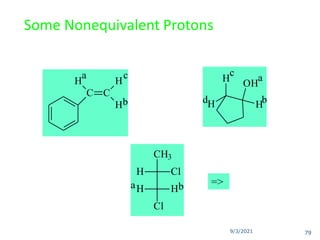 9/3/2021
Some Nonequivalent Protons
C C
H
H
H
a
b
c
OH
H
H
H
a
b
c
d
CH3
H Cl
H H
Cl
a b =>
79
 