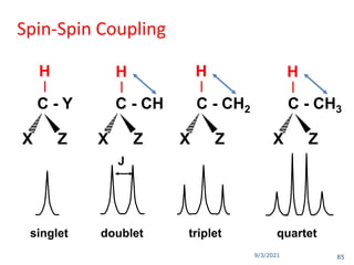 9/3/2021
Spin-Spin Coupling
C - Y C - CH C - CH2 C - CH3
H
|
H
|
H
|
H
|
singlet doublet triplet quartet
X Z
X Z X Z X Z
J
85
 