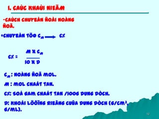 12
1. CAÙC KHAÙI NIEÄM
-Caùch chuyeån ñoåi noàng
ñoä.
+Chuyeån töø CM C%
C% =
M x CM
10 x D
CM : Noàng ñoä mol.
M : mol chaát tan.
C%: Soá gam chaát tan /100g dung dòch.
D: Khoái löôïng rieâng cuûa dung dòch (g/cm3,
g/ml).
 