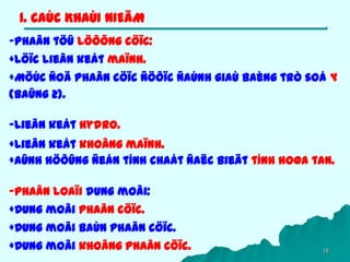 18
1. CAÙC KHAÙI NIEÄM
-Phaân töû löôõng cöïc:
+Löïc lieân keát maïnh.
+Möùc ñoä phaân cöïc ñöôïc ñaùnh giaù baèng trò soá µ
(baûng 2).
-Lieân keát Hydro.
+Lieân keát khoâng maïnh.
+AÛnh höôûng ñeán tính chaát ñaëc bieät tính hoøa tan.
-Phaân loaïi dung moâi:
+Dung moâi phaân cöïc.
+Dung moâi baùn phaân cöïc.
+Dung moâi khoâng phaân cöïc.
 