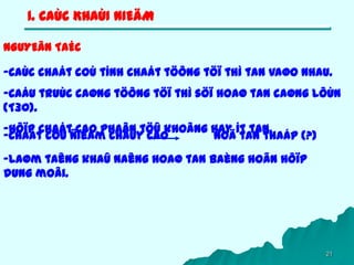 21
1. CAÙC KHAÙI NIEÄM
NGUYEÂN TAÉC
-Caùc chaát coù tính chaát töông töï thì tan vaøo nhau.
-Caáu truùc caøng töông töï thì söï hoaø tan caøng lôùn
(T30).
-Hôïp chaát cao phaân töû khoâng hay ít tan.
-Laøm taêng khaû naêng hoaø tan baèng hoãn hôïp
dung moâi.
-Chaát coù ñieåm chaûy cao ñoä tan thaáp (?)
 