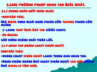 33
3.CAÙC PHÖÔNG PHAÙP HOØA TAN ÑAËC BIEÄT.
3.1.3 Duøng hoãn hôïp dung moâi.
-Nguyeân taéc.
Ñeå bieán dung moâi baùn phaân cöïc thaønh phaân cöïc
maïnh
 laøm thay ñoåi ñoä tan döôïc chaát.
-Öu ñieåm:
Söû duïng roäng raõi tieän lôïi.
3.1.4 Hoøa tan baèng chaát dieän hoaït.
Nguyeân taéc:
+Duøng chaát dieän hoaït laøm trung gian hoaø tan.
+Ñieàu kieän: Noàng ñoä chaát dieän hoaït cao hôn noàng
ñoä micelle tôùi haïn.
 