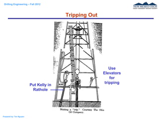 Drilling Engineering – Fall 2012
Prepared by: Tan Nguyen
Tripping Out
Use
Elevators
for
tripping
Put Kelly in
Rathole
 