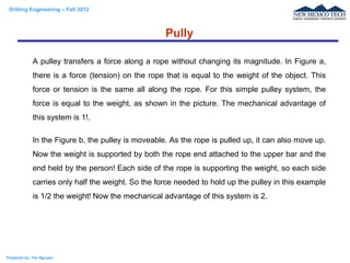 Drilling Engineering – Fall 2012
Prepared by: Tan Nguyen
A pulley transfers a force along a rope without changing its magn...