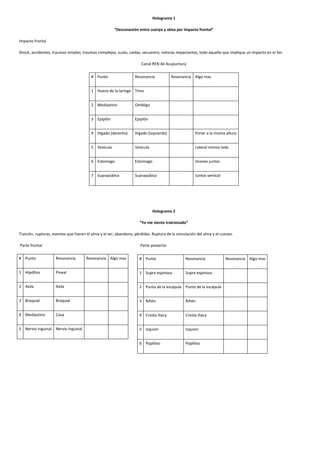 Holograma 1
“Desconexión entre cuerpo y alma por impacto frontal”
Impacto frontal
Shock, accidentes, traumas simples, traumas complejos, susto, caídas, secuestro, noticias impactantes, todo aquello que implique un impacto en el Ser.
Canal REN de Acupuntura
# Punto

Resonancia

Resonancia Algo mas

1 Hueco de la laringe Timo
2 Mediastino

Ombligo

3 Epiplón

Epiplón

4 Hígado (derecho)

Hígado (izquierdo)

Poner a la misma altura

5 Vesícula

Vesícula

Lateral mismo lado

6 Estomago

Estomago

Imanes juntos

7 Suprapúbico

Suprapúbico

Juntos vertical

Holograma 2
“Yo me siento traicionado”
Traición, rupturas, eventos que hieren el alma y el ser, abandono, pérdidas. Ruptura de la vinculación del alma y el cuerpo.
Parte frontal

Parte posterior

# Punto

Resonancia

1 Hipófisis

Resonancia Algo mas

# Punto

Resonancia

Pineal

1 Supra espinoso

Supra espinoso

2 Axila

Axila

2 Punta de la escápula Punta de la escápula

3 Braquial

Braquial

3 Riñón

Riñón

4 Mediastino

Cava

4 Cresta iliaca

Cresta iliaca

5 Isquion

Isquion

6 Poplíteo

Poplíteo

5 Nervio inguinal Nervio Inguinal

Resonancia Algo mas

 