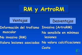RM y ArtroRM
Información del trofismo
muscular
No invasivo (RM)
Valora lesiones asociadas
Invasiva (ArtroRM)
No sensibile en mínimas
lesiones
No valora calcificaciones
Costo
Ventajas Desventajas
 